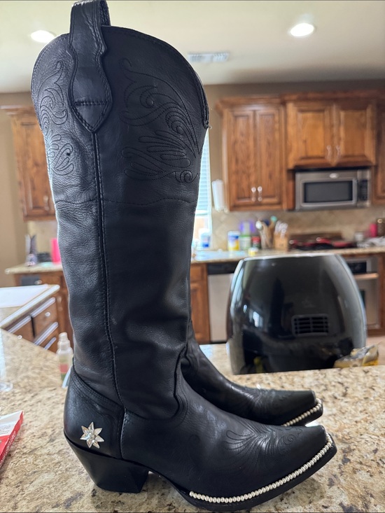 Tony Lama Shoes - Tony Lama Black Leather Western Knee-High Boots wPearl Detail and Star Accent